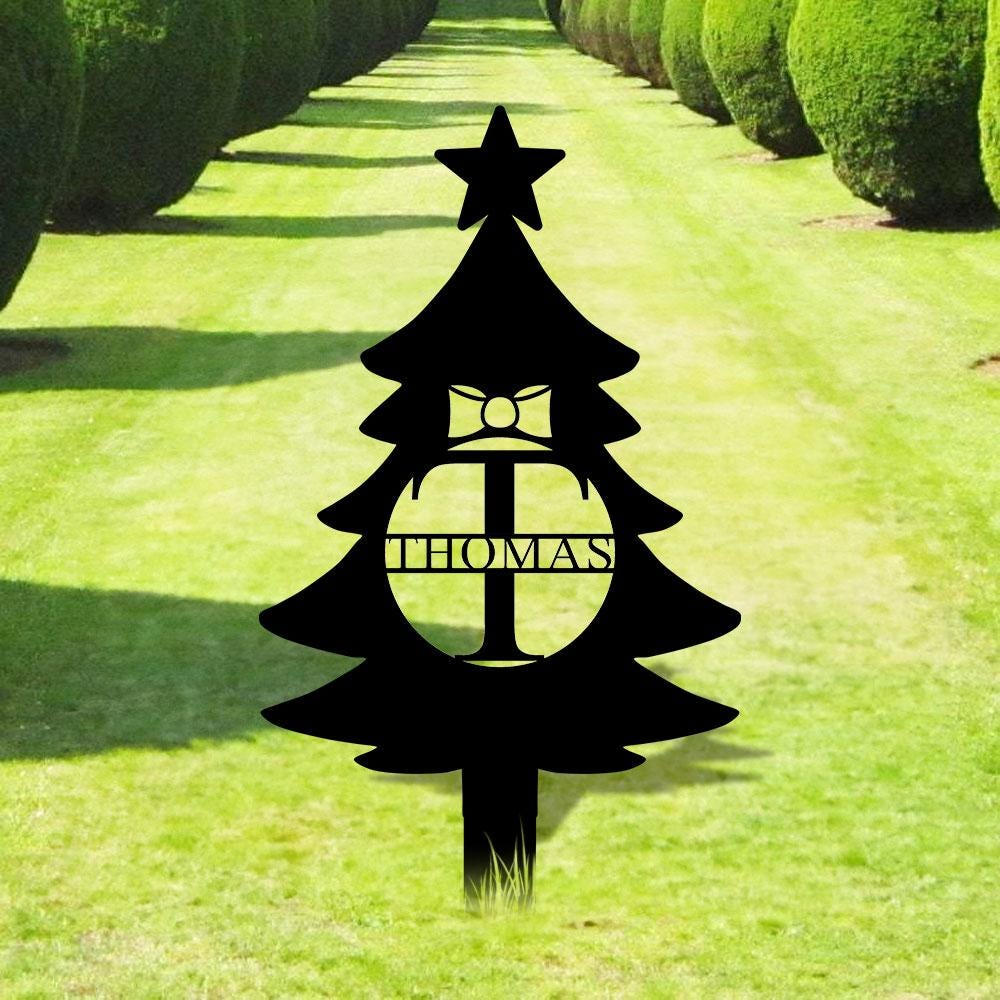 Christmas Tree Monogram Metal Sign, Christmas Garden Metal Stake, Personalized Name Yard Sign, Outdoor Door Decor, Garden Art, Housewarming