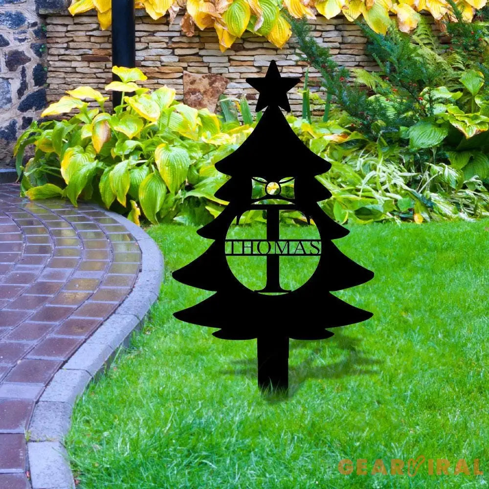 Christmas Tree Monogram Metal Sign Christmas Garden Metal Stake Personalized Name Yard Sign Outdoor Door Decor Garden