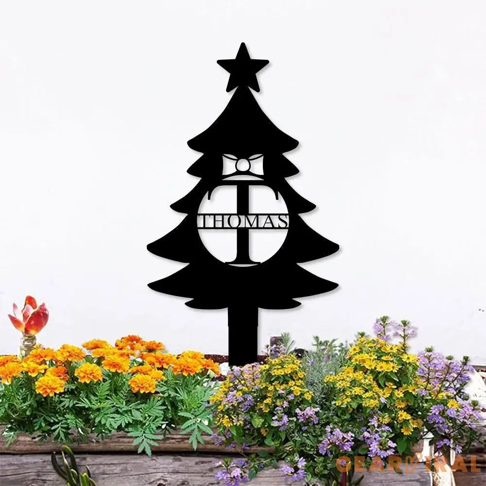 Christmas Tree Monogram Metal Sign Christmas Garden Metal Stake Personalized Name Yard Sign Outdoor Door Decor Garden
