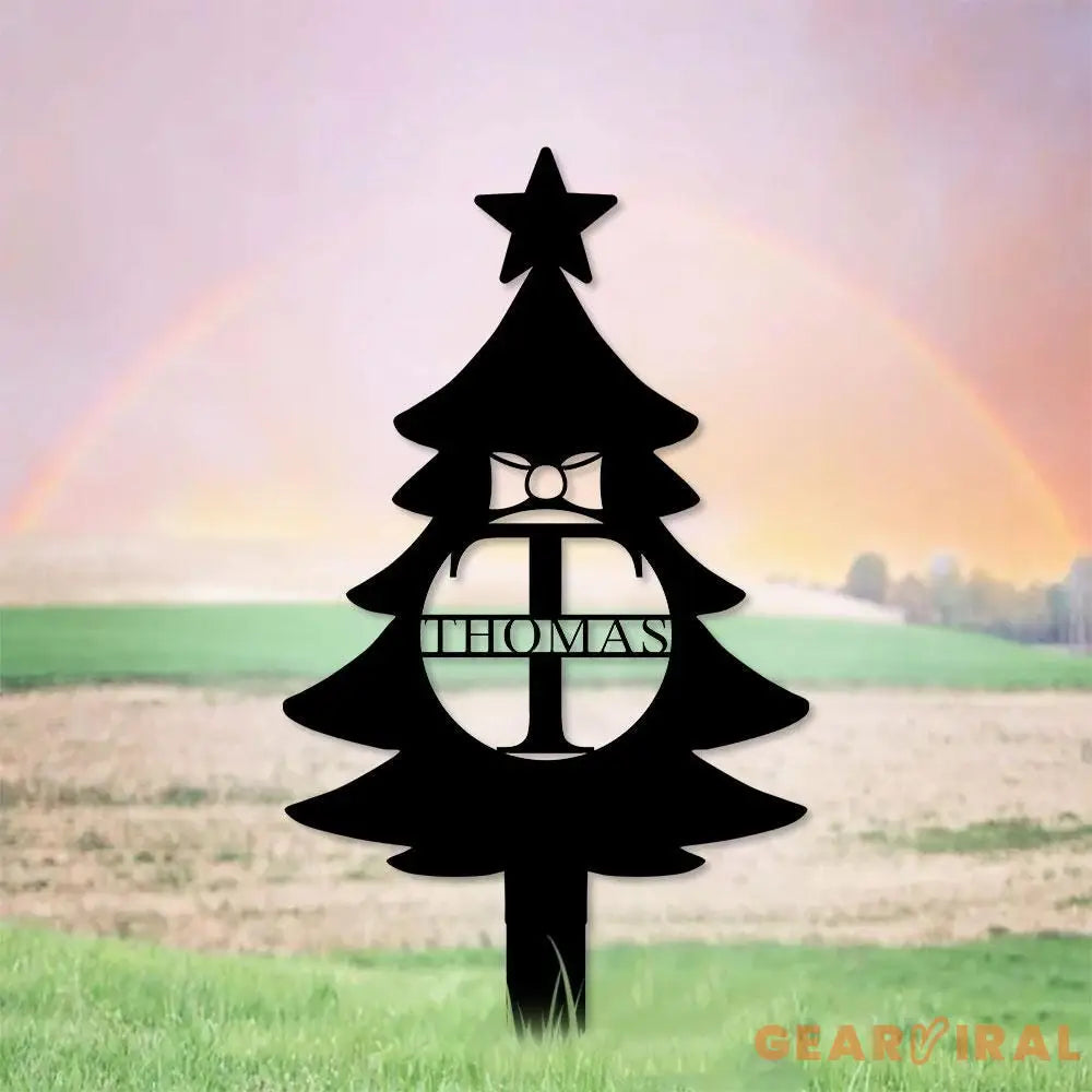 Christmas Tree Monogram Metal Sign Christmas Garden Metal Stake Personalized Name Yard Sign Outdoor Door Decor Garden