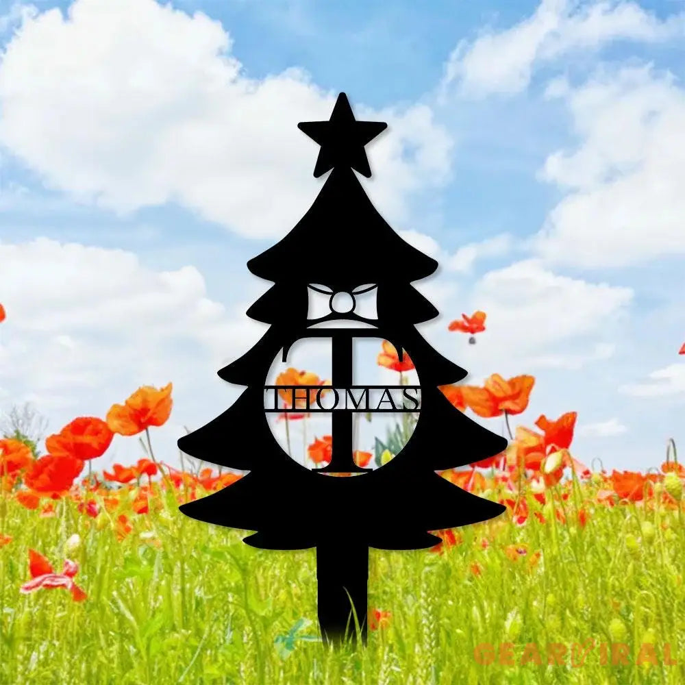 Christmas Tree Monogram Metal Sign Christmas Garden Metal Stake Personalized Name Yard Sign Outdoor Door Decor Garden