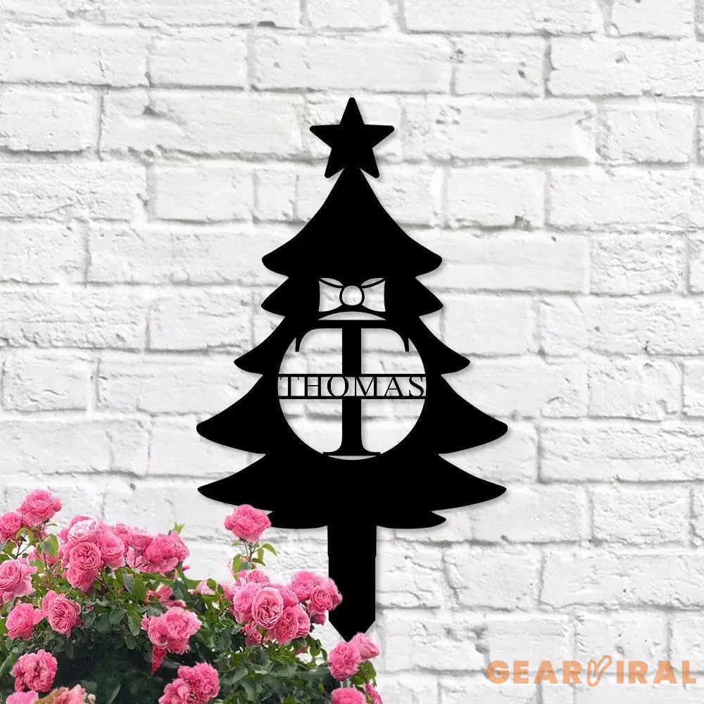 Christmas Tree Monogram Metal Sign Christmas Garden Metal Stake Personalized Name Yard Sign Outdoor Door Decor Garden