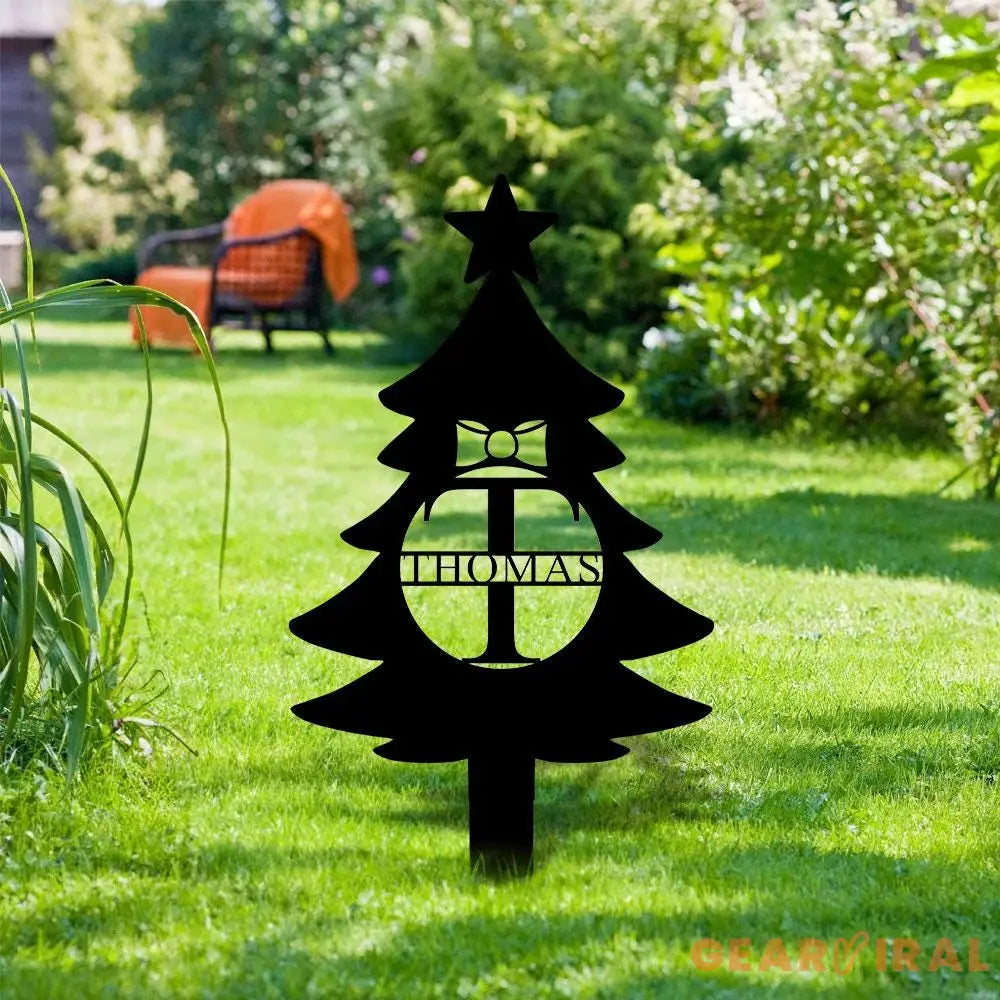 Christmas Tree Monogram Metal Sign Christmas Garden Metal Stake Personalized Name Yard Sign Outdoor Door Decor Garden