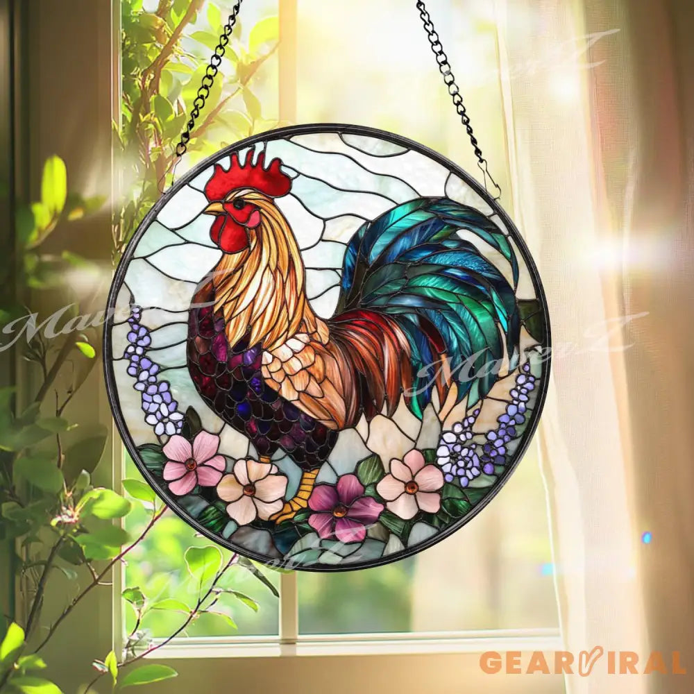 Colorful Rooster Stained Glass Suncatcher with Flowers Vibrant Farmhouse Window Hanging Rustic Country Chicken Decor