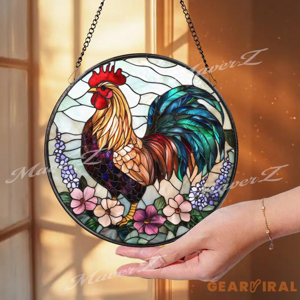 Colorful Rooster Stained Glass Suncatcher with Flowers Vibrant Farmhouse Window Hanging Rustic Country Chicken Decor