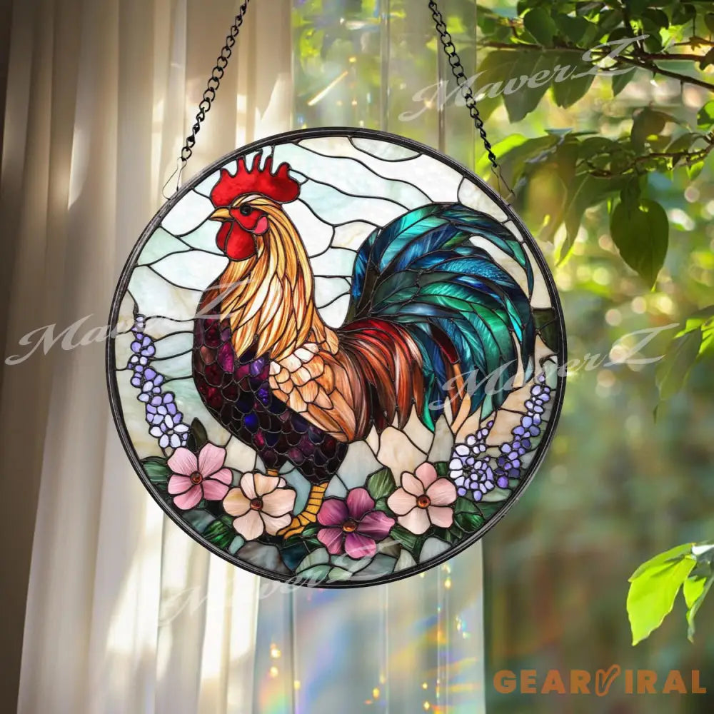 Colorful Rooster Stained Glass Suncatcher with Flowers Vibrant Farmhouse Window Hanging Rustic Country Chicken Decor