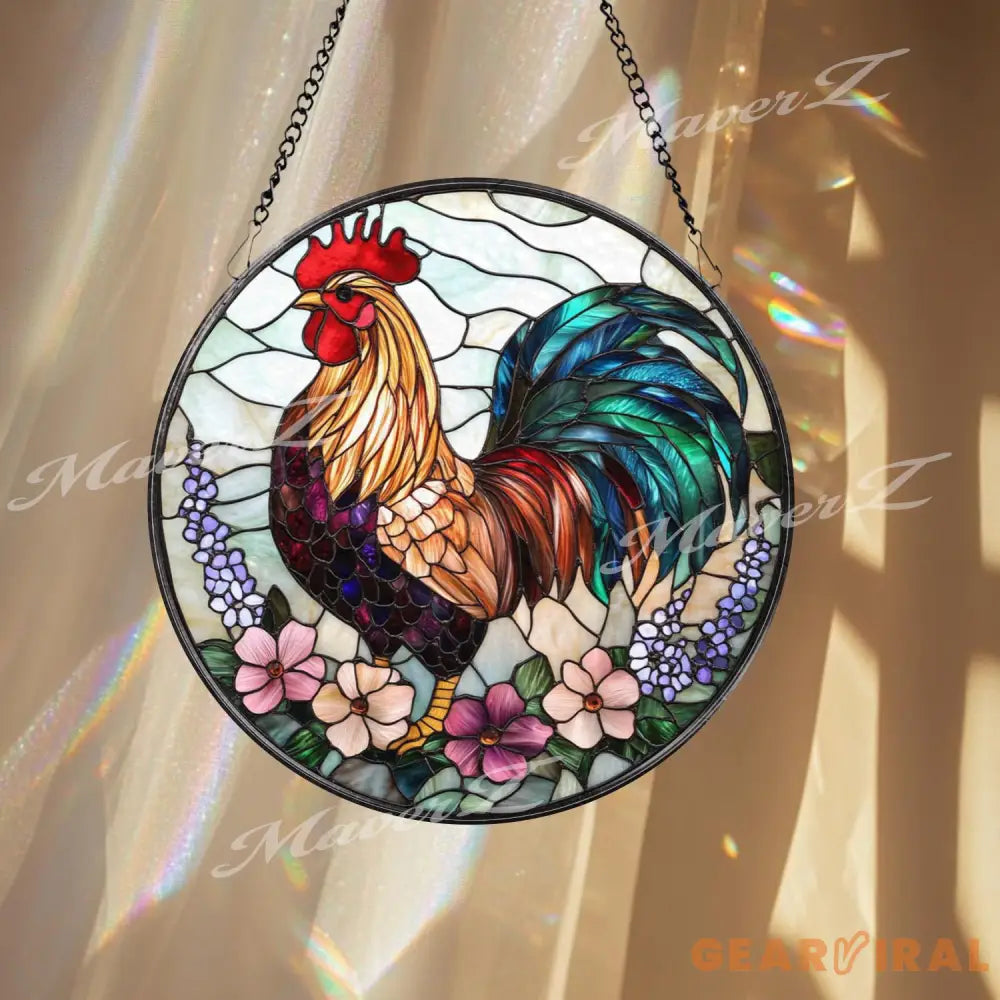 Colorful Rooster Stained Glass Suncatcher with Flowers Vibrant Farmhouse Window Hanging Rustic Country Chicken Decor