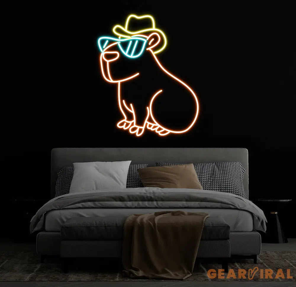 Cool Capybara Neon Sign Cute Animal with Glasses & Hat LED Signs for Wall Decor Cartoon Neon Lights for Bedroom