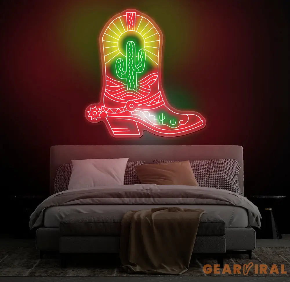 Cowboy Boots Cactus Neon Sign - Cowgirl Boots LED Light Western Cactus Neon Art Custom Western LED Decor Bedroom Decor