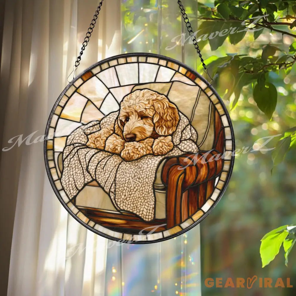 Cozy Dog Stained Glass Suncatcher Curled Pup on Armchair Window Panel Warm Rustic Pet Decor Gift for Dog Lovers and