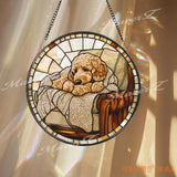Cozy Dog Stained Glass Suncatcher Curled Pup on Armchair Window Panel Warm Rustic Pet Decor Gift for Dog Lovers and