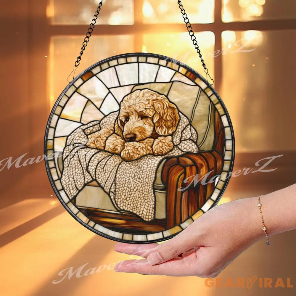 Cozy Dog Stained Glass Suncatcher Curled Pup on Armchair Window Panel Warm Rustic Pet Decor Gift for Dog Lovers and