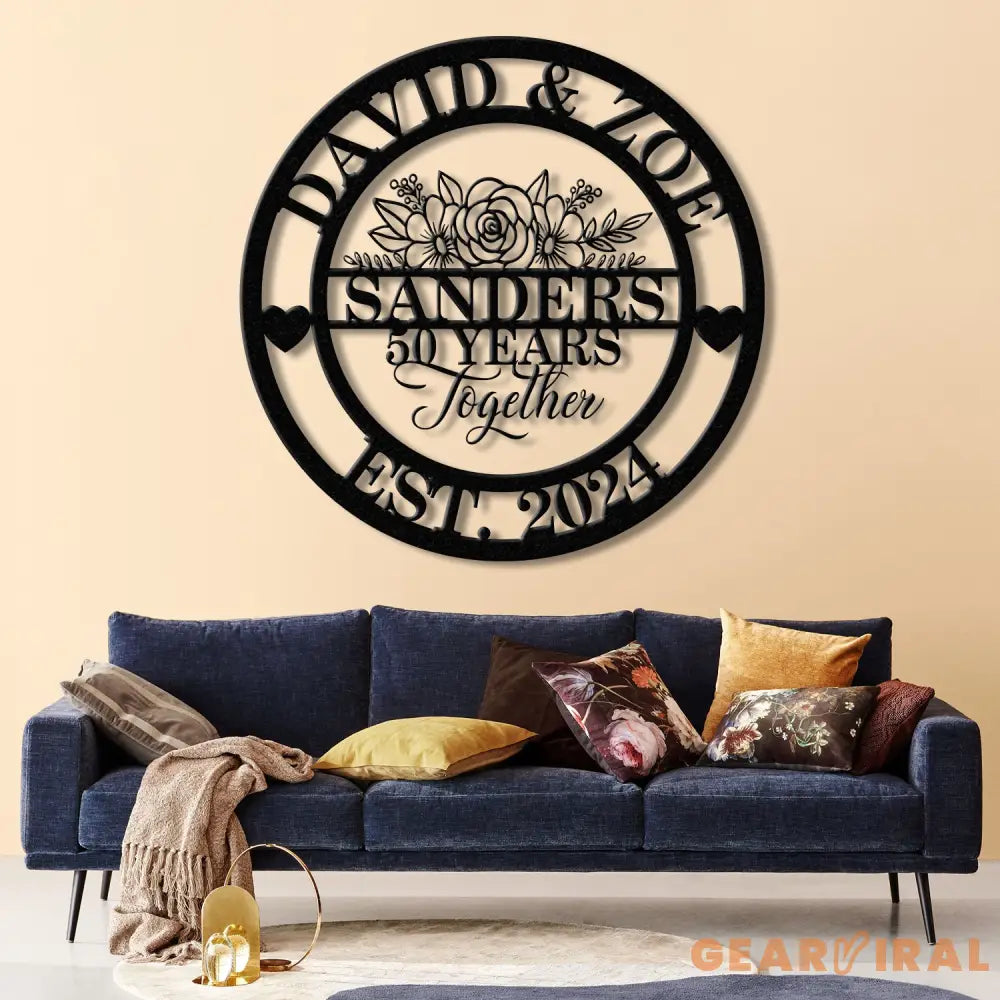 Custom 50th Anniversary Floral Metal Sign - Personalized Last Name LED Sign - Wedding or Housewarming Gift - Custom