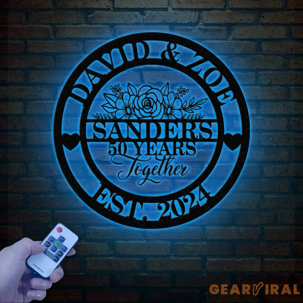 Custom 50th Anniversary Floral Metal Sign - Personalized Last Name LED Sign - Wedding or Housewarming Gift - Custom