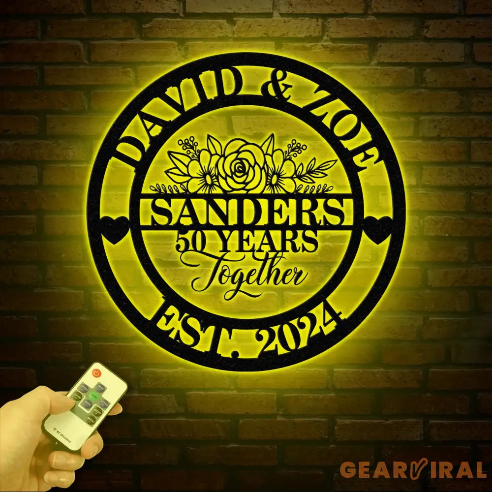 Custom 50th Anniversary Floral Metal Sign - Personalized Last Name LED Sign - Wedding or Housewarming Gift - Custom