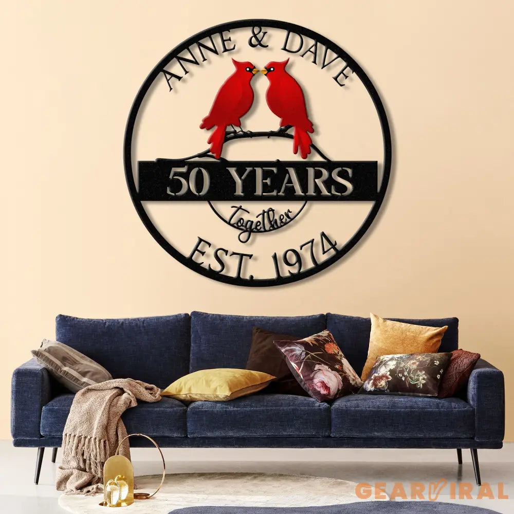 Custom 50th Anniversary Gift Golden Wedding Metal Sign with Cardinal Birds Personalized Wall Art for Parents Wedding