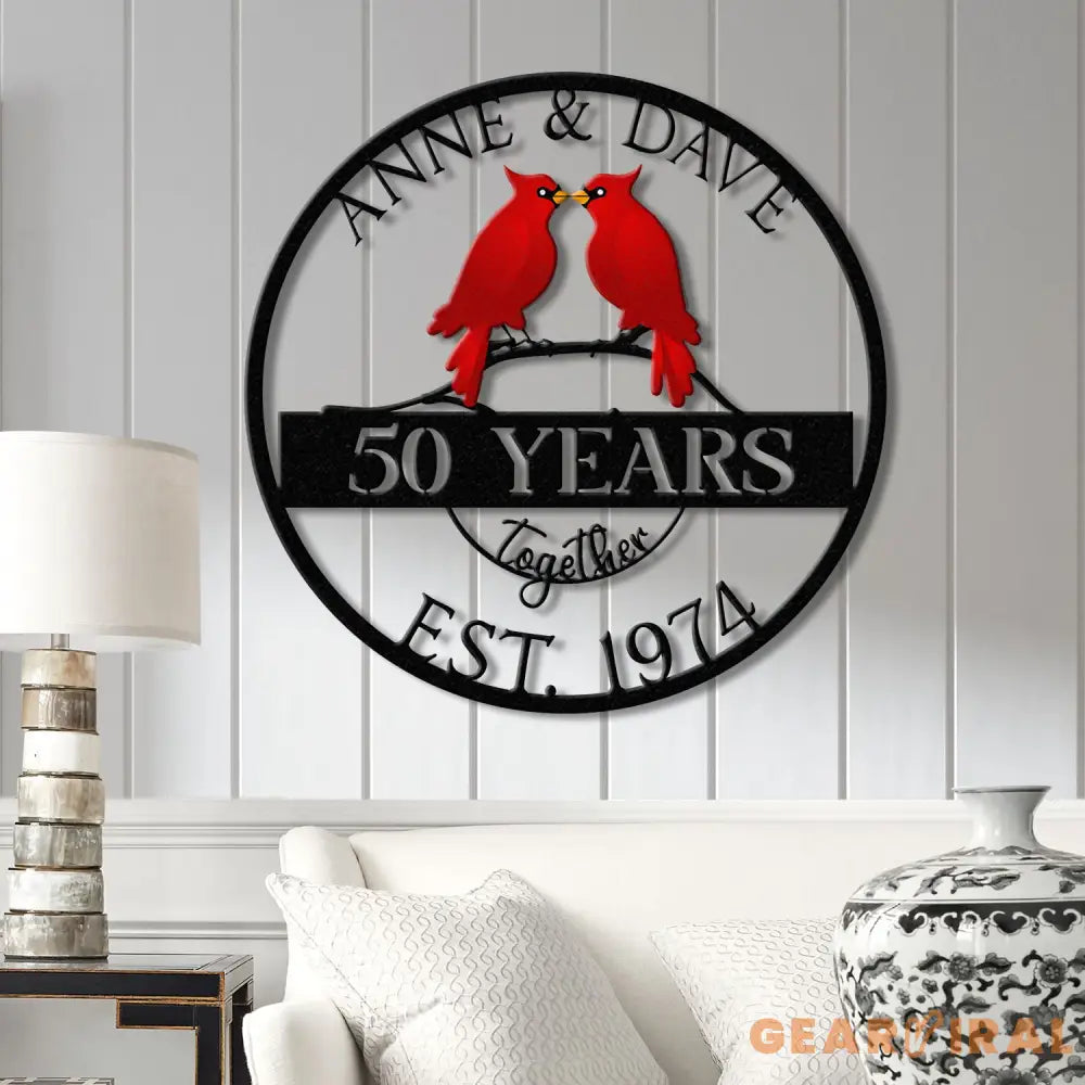 Custom 50th Anniversary Gift Golden Wedding Metal Sign with Cardinal Birds Personalized Wall Art for Parents Wedding