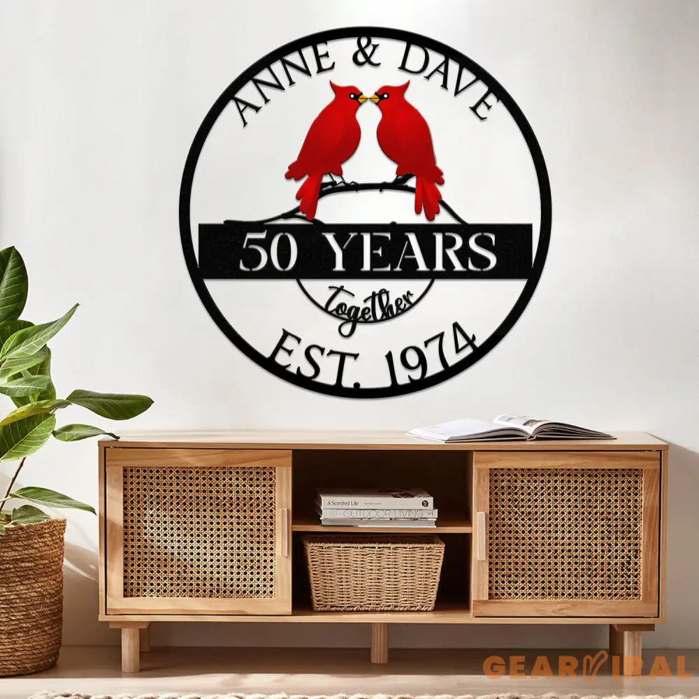 Custom 50th Anniversary Gift Golden Wedding Metal Sign with Cardinal Birds Personalized Wall Art for Parents Wedding