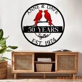 Custom 50th Anniversary Gift Golden Wedding Metal Sign with Cardinal Birds Personalized Wall Art for Parents Wedding