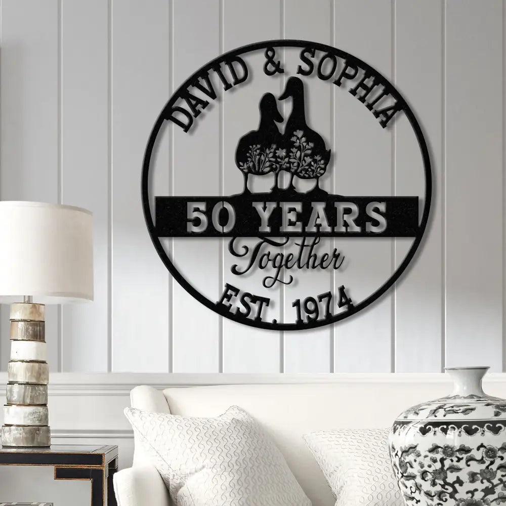 Custom 50th Anniversary Gift Golden Wedding Metal Sign with Duck Couple Personalized Wall Art for Parents Wedding