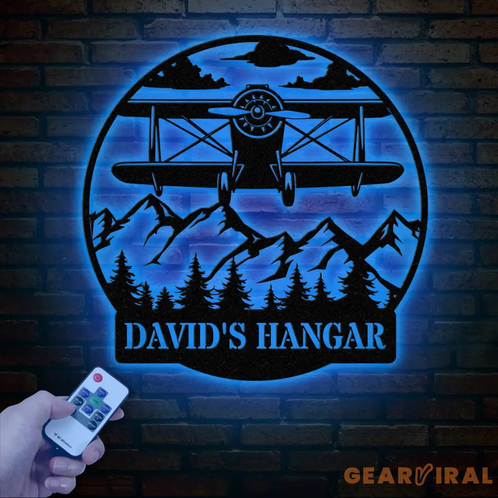 Custom Airplane Hangar Metal Sign with Led Lights- Personalized Pilot Name Wall Art - Aviation Lover Gift - Man Cave