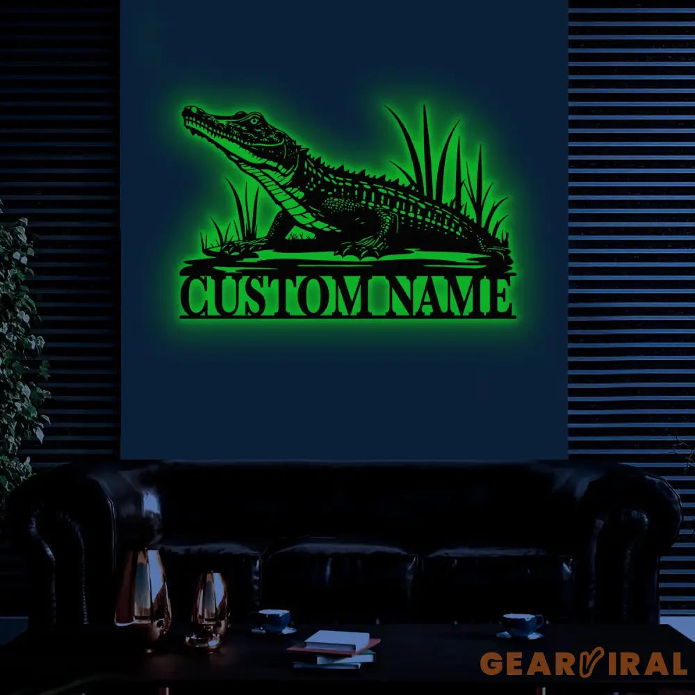 Custom Alligator Metal Sign with Led Light Personalized Crocodile Name Sign Nursery Swamp Animal Decoration