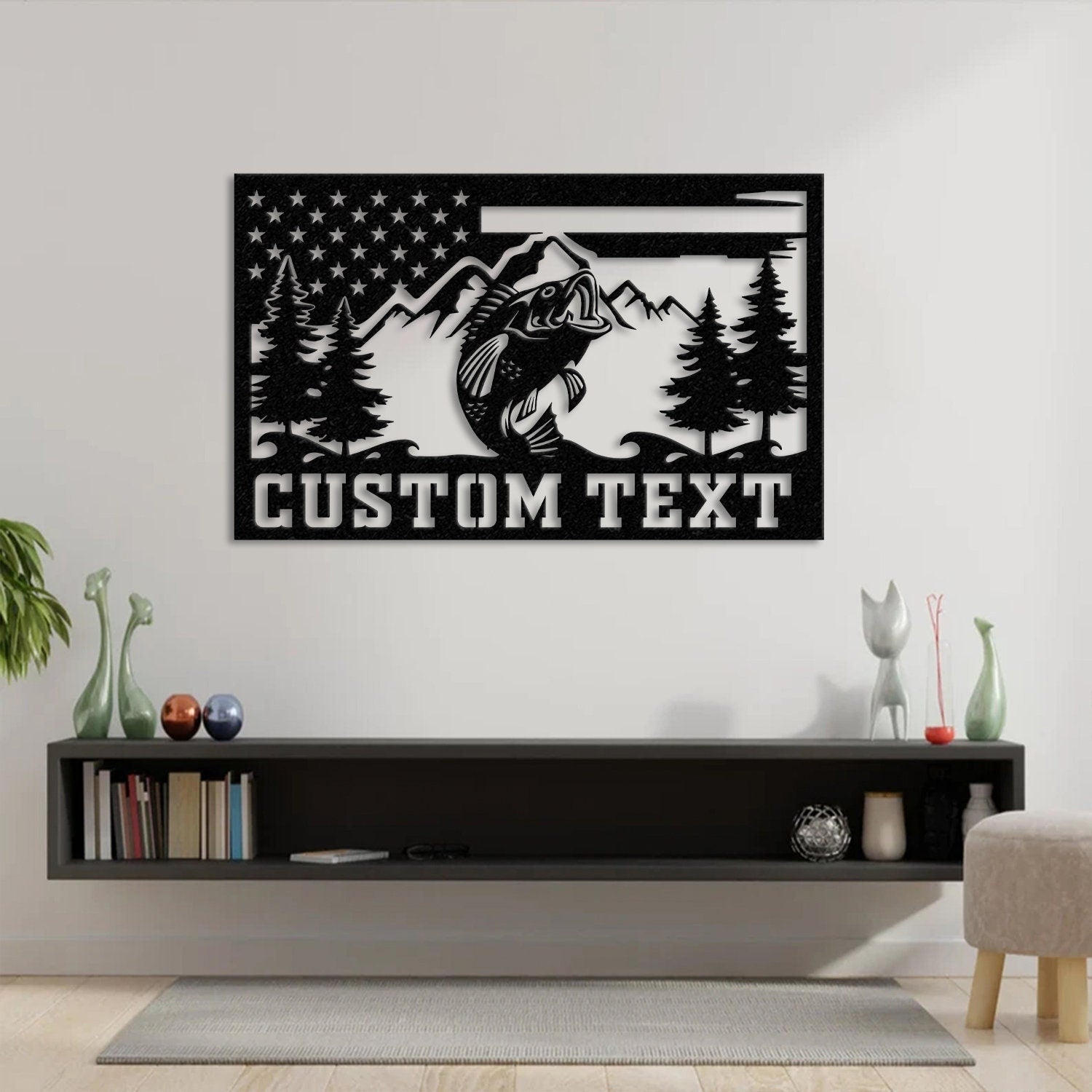 Custom American Flag Bass Fishing Metal Sign with LED Lights, Fishing Name Sign, Lake House Decor Fish Art Wall Sculpture, Bass Fishing Gift