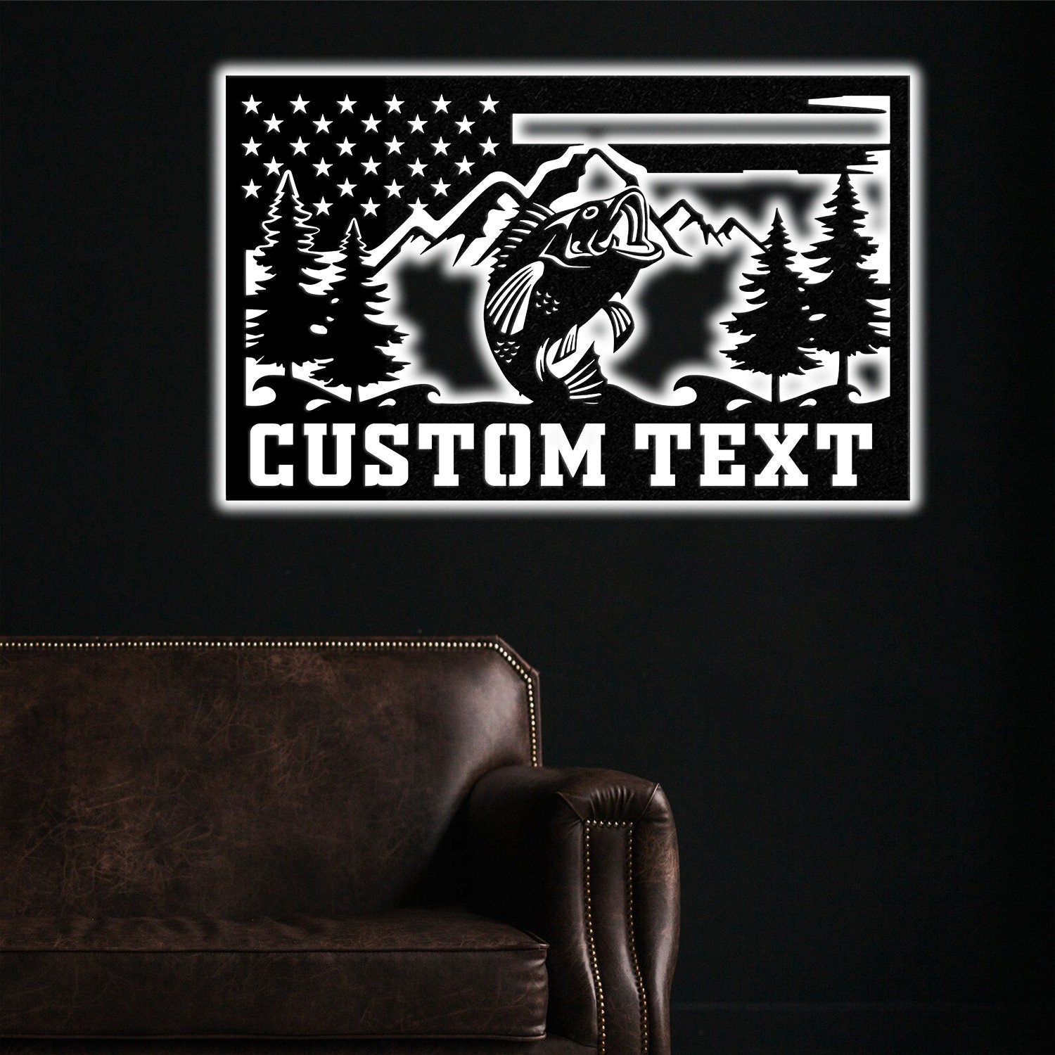 Custom American Flag Bass Fishing Metal Sign with LED Lights, Fishing Name Sign, Lake House Decor Fish Art Wall Sculpture, Bass Fishing Gift
