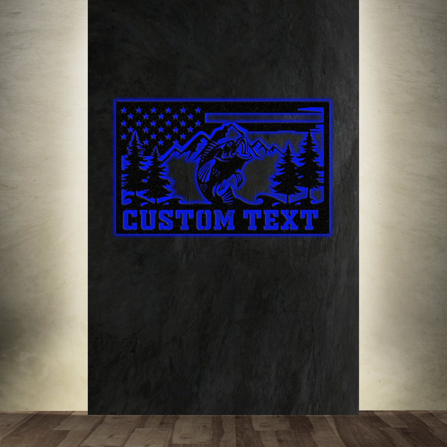 Custom American Flag Bass Fishing Metal Sign with LED Lights, Fishing Name Sign, Lake House Decor Fish Art Wall Sculpture, Bass Fishing Gift