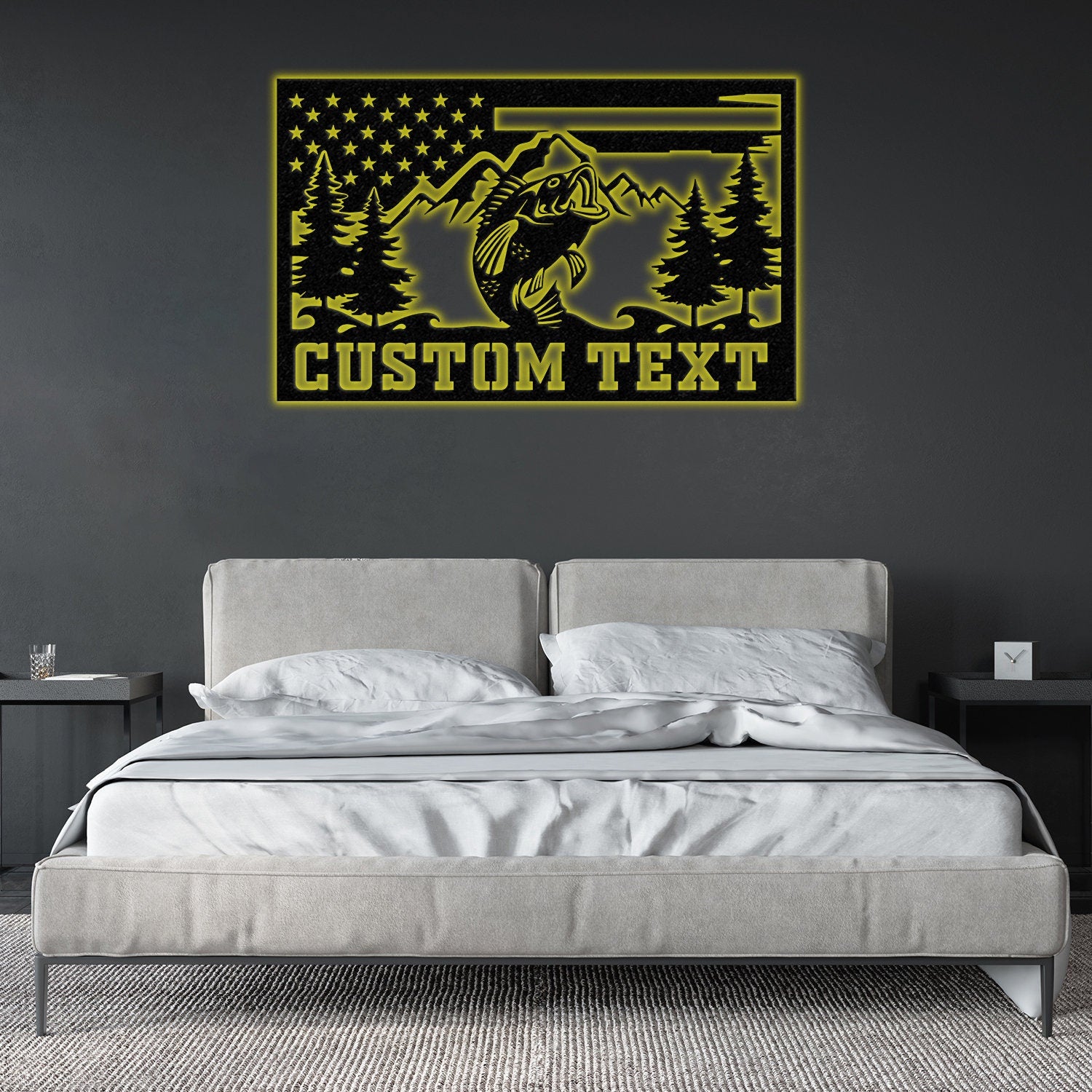 Custom American Flag Bass Fishing Metal Sign with LED Lights, Fishing Name Sign, Lake House Decor Fish Art Wall Sculpture, Bass Fishing Gift