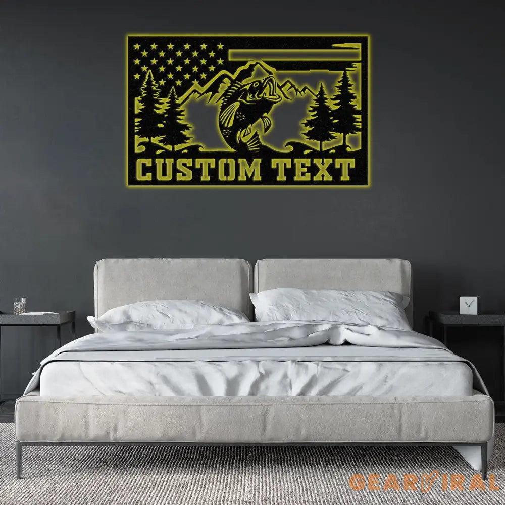 Custom American Flag Bass Fishing Metal Sign with LED Lights Fishing Name Sign Lake House Decor Fish Art Wall Sculpture