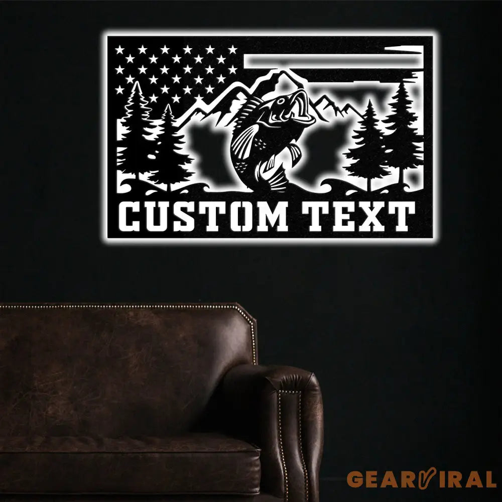 Custom American Flag Bass Fishing Metal Sign with LED Lights Fishing Name Sign Lake House Decor Fish Art Wall Sculpture