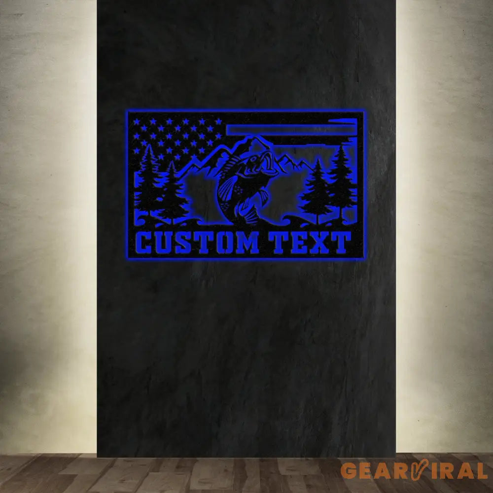 Custom American Flag Bass Fishing Metal Sign with LED Lights Fishing Name Sign Lake House Decor Fish Art Wall Sculpture
