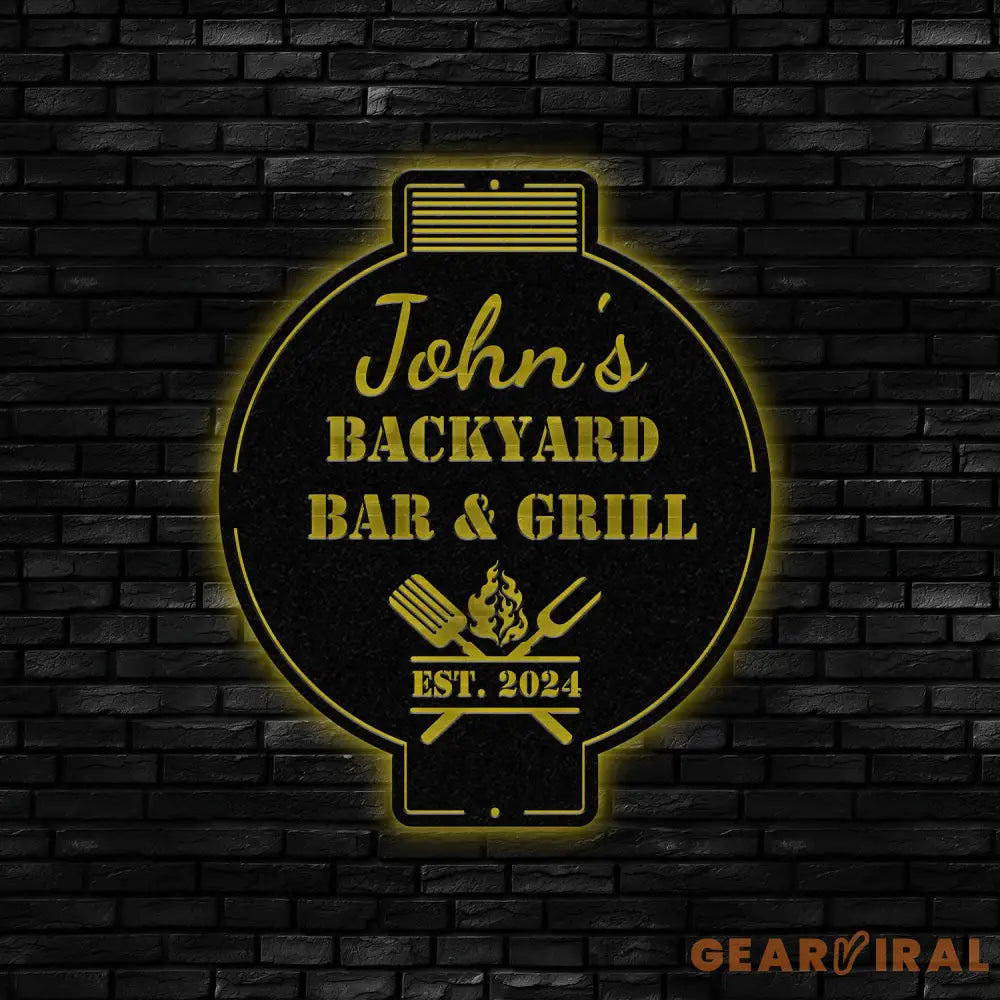 Custom Bar and Grill Metal Wall Art LED Light Personalized Backyard BBQ Name Sign Home Decor Barbecue Decoration
