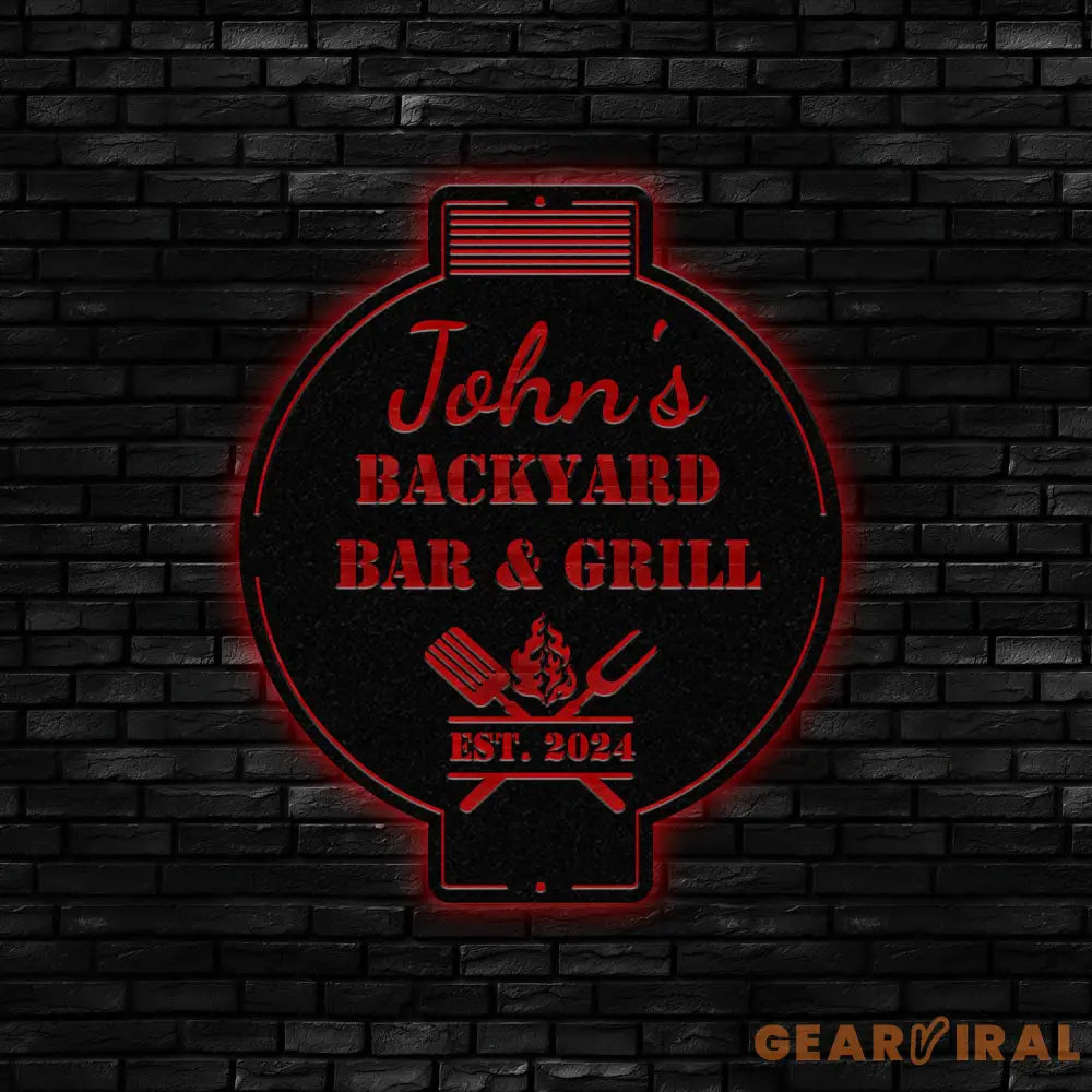 Custom Bar and Grill Metal Wall Art LED Light Personalized Backyard BBQ Name Sign Home Decor Barbecue Decoration
