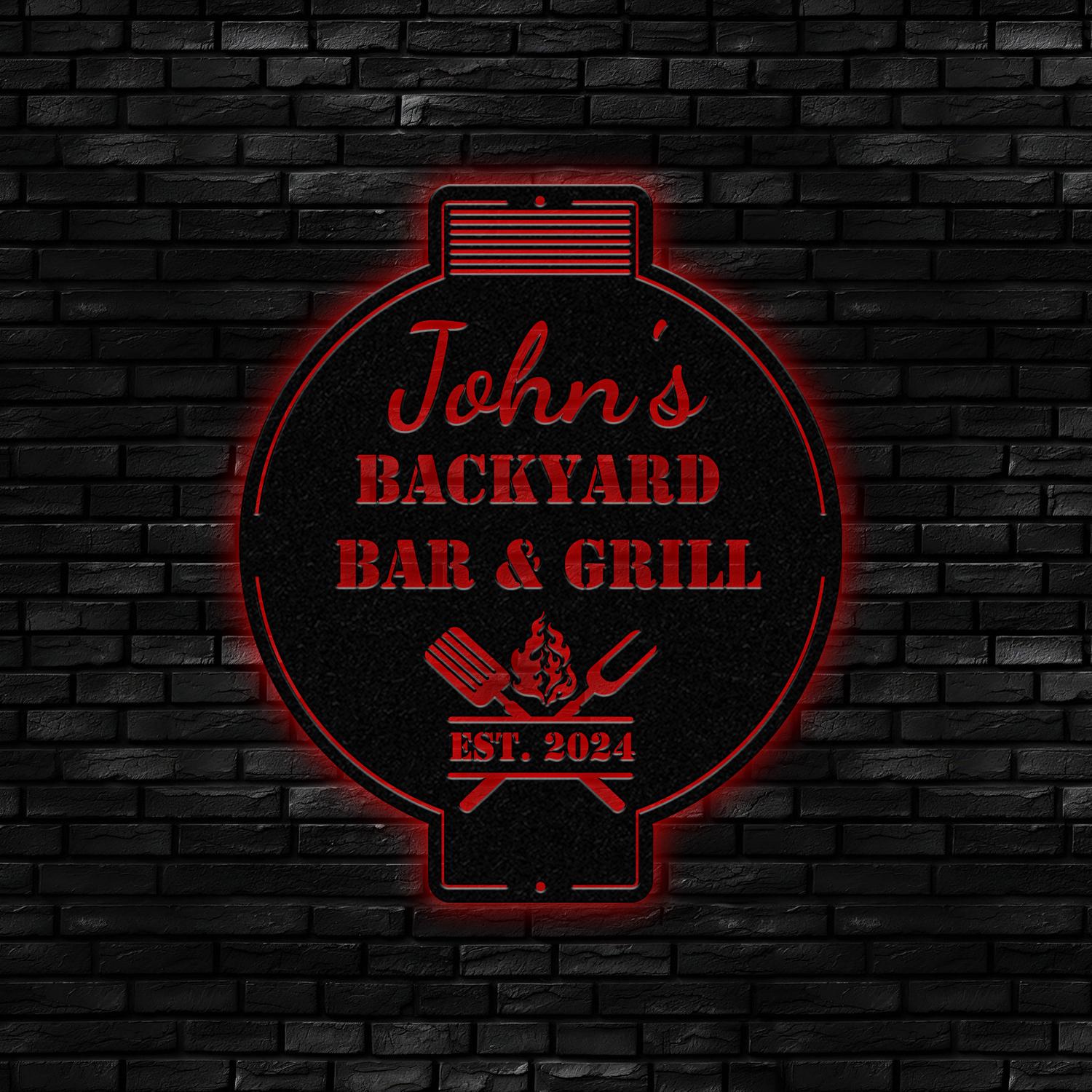 Custom Bar and Grill Metal Wall Art LED Light, Personalized Backyard BBQ Name Sign, Home Decor, Barbecue Decoration, Outdoor BQQ Signs