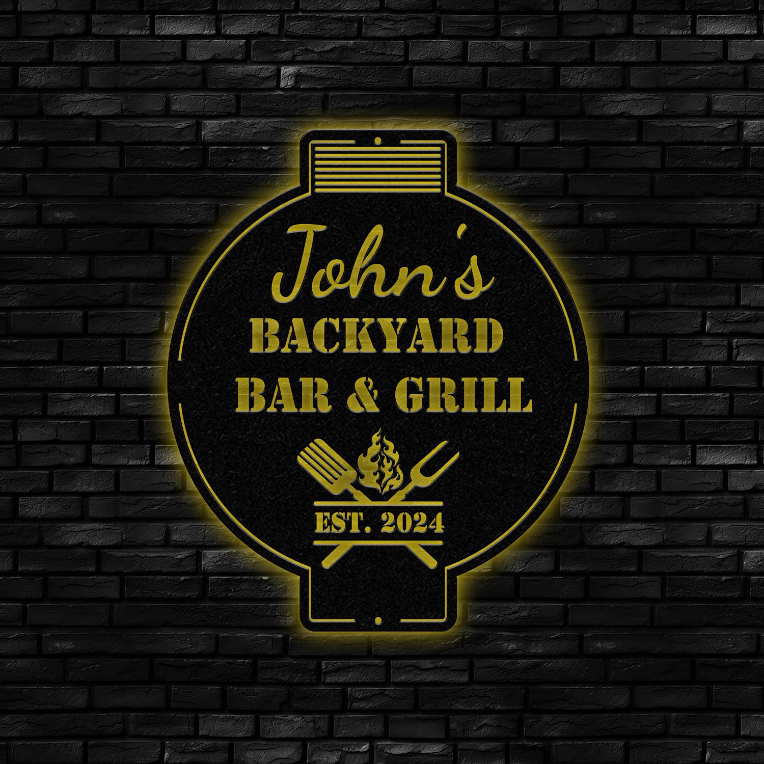 Custom Bar and Grill Metal Wall Art LED Light, Personalized Backyard BBQ Name Sign, Home Decor, Barbecue Decoration, Outdoor BQQ Signs