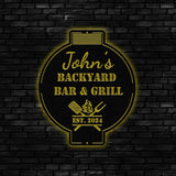 Custom Bar and Grill Metal Wall Art LED Light, Personalized Backyard BBQ Name Sign, Home Decor, Barbecue Decoration, Outdoor BQQ Signs