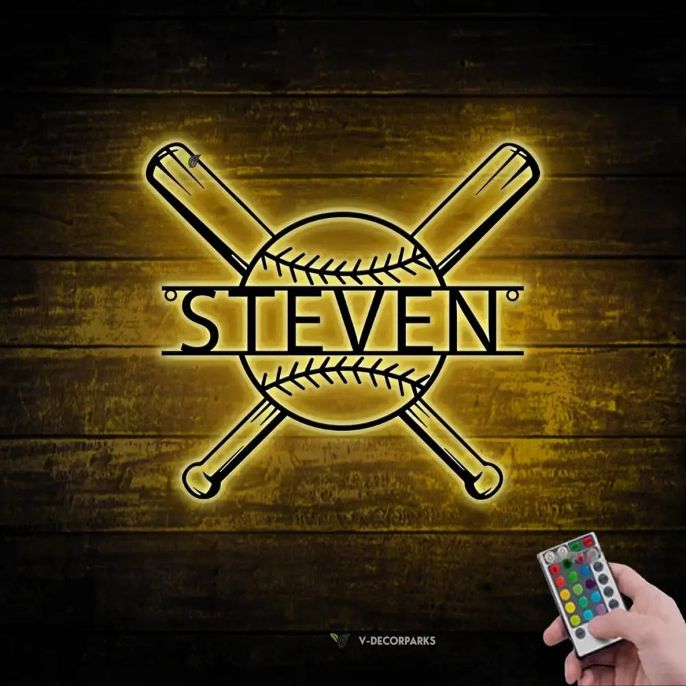 Custom Baseball Bat Metal Wall Art With LED Light - Personalized Baseball Player Name Sign Decoration For Room