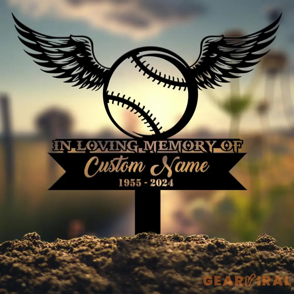 Custom Baseball With Wings Memorial Plaque Stake Personalized Baseball Grave Marker Remembrance Stake Garden Decor