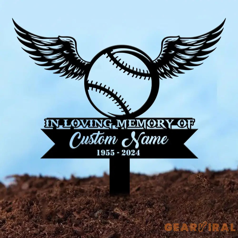 Custom Baseball With Wings Memorial Plaque Stake Personalized Baseball Grave Marker Remembrance Stake Garden Decor