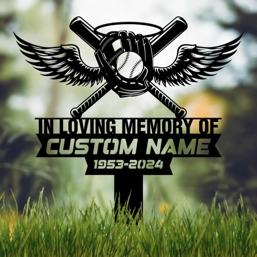 Custom Baseball With Wings Memorial Plaque Stake Personalized Baseball Grave Marker Remembrance Stake Garden Decor