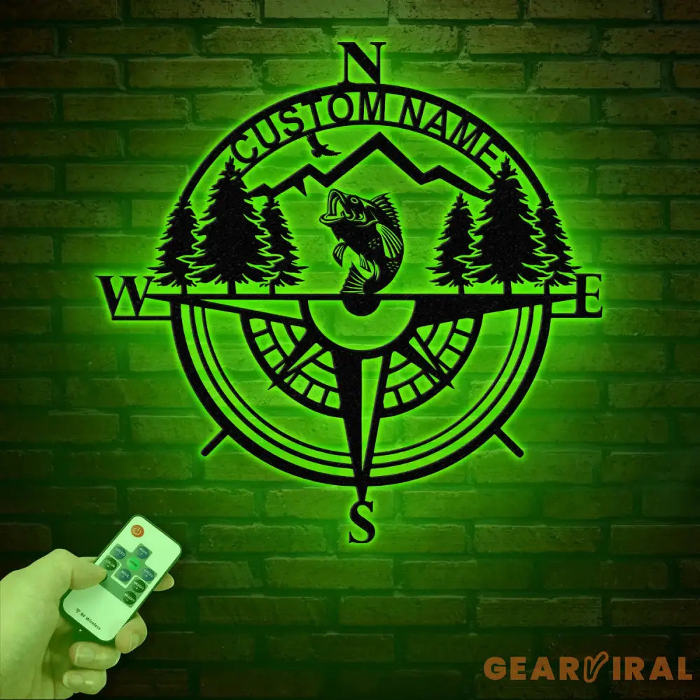 Custom Bass Fishing Compass Metal Sign with LED Lights Fishing Name Sign Lake House Decor Fish Art Wall Sculpture Bass