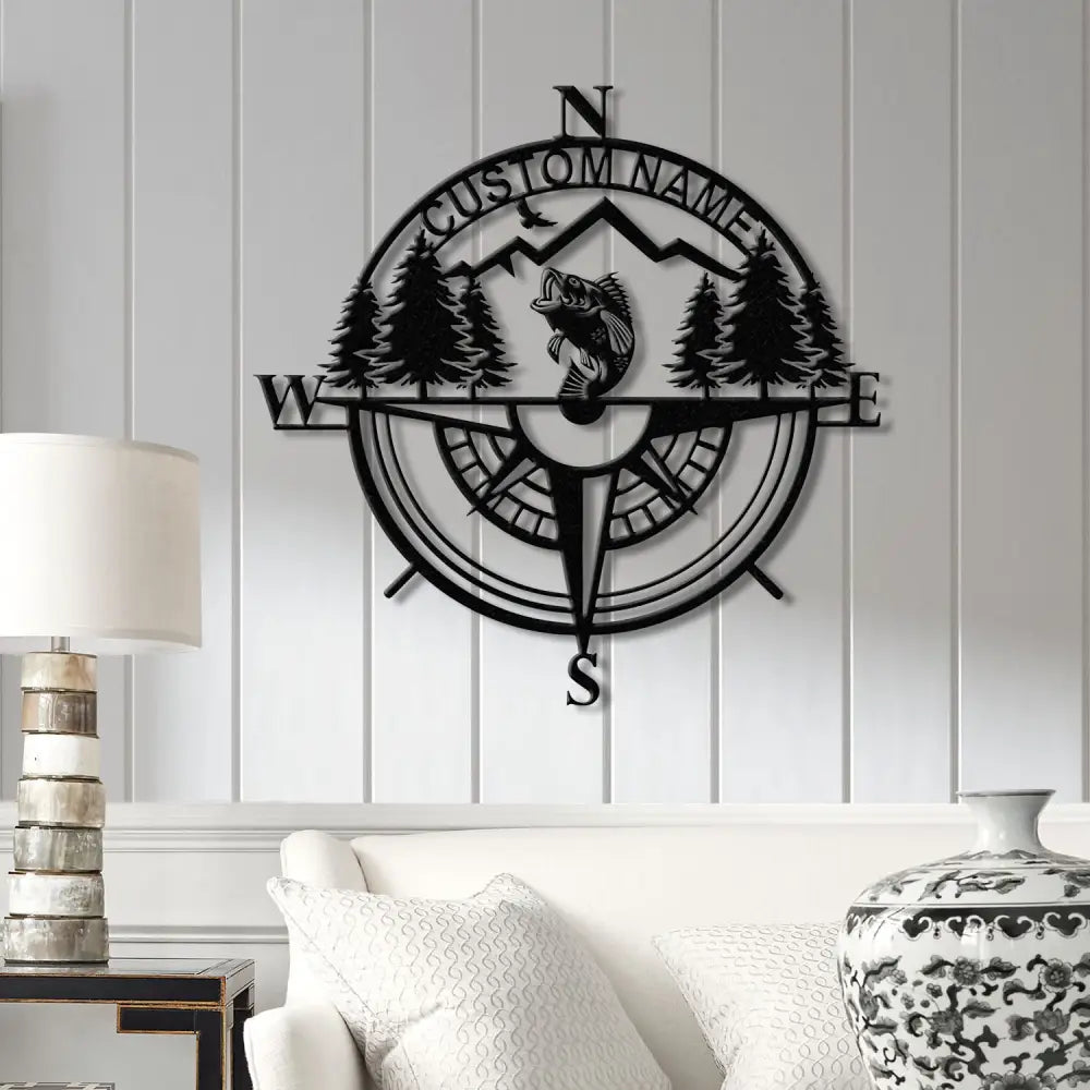 Custom Bass Fishing Compass Metal Sign with LED Lights Fishing Name Sign Lake House Decor Fish Art Wall Sculpture Bass