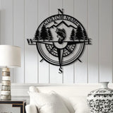Custom Bass Fishing Compass Metal Sign with LED Lights Fishing Name Sign Lake House Decor Fish Art Wall Sculpture Bass