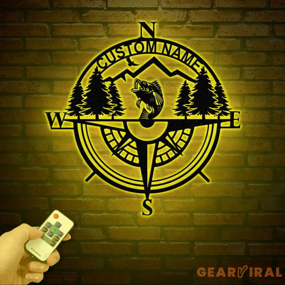 Custom Bass Fishing Compass Metal Sign with LED Lights Fishing Name Sign Lake House Decor Fish Art Wall Sculpture Bass