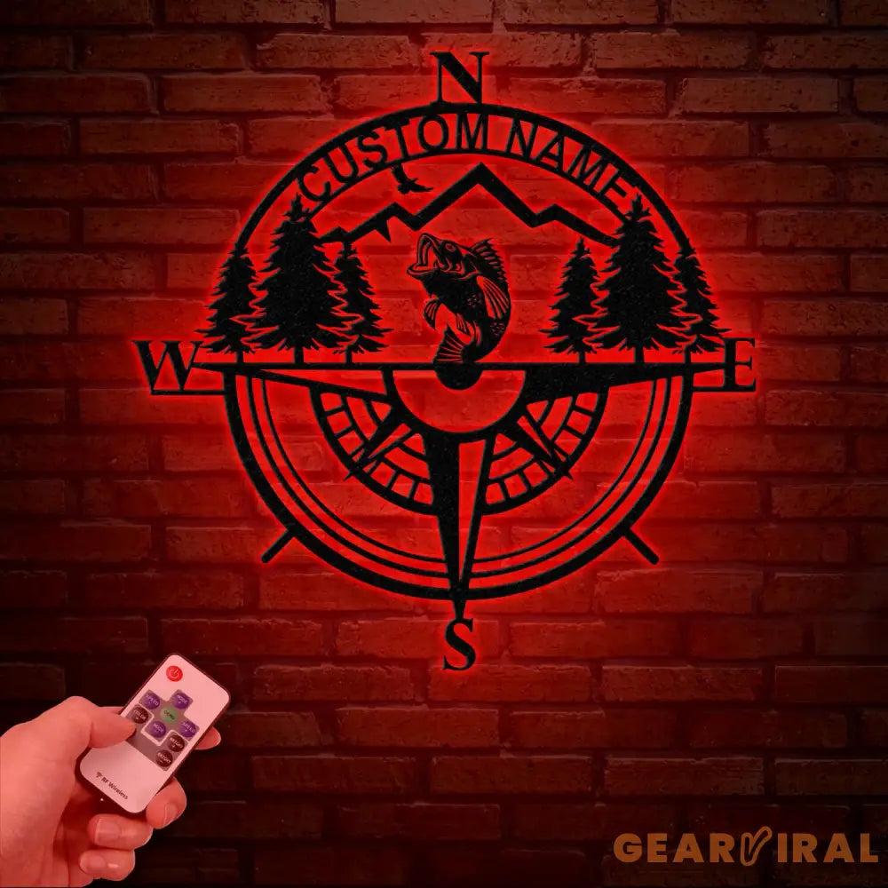 Custom Bass Fishing Compass Metal Sign with LED Lights Fishing Name Sign Lake House Decor Fish Art Wall Sculpture Bass