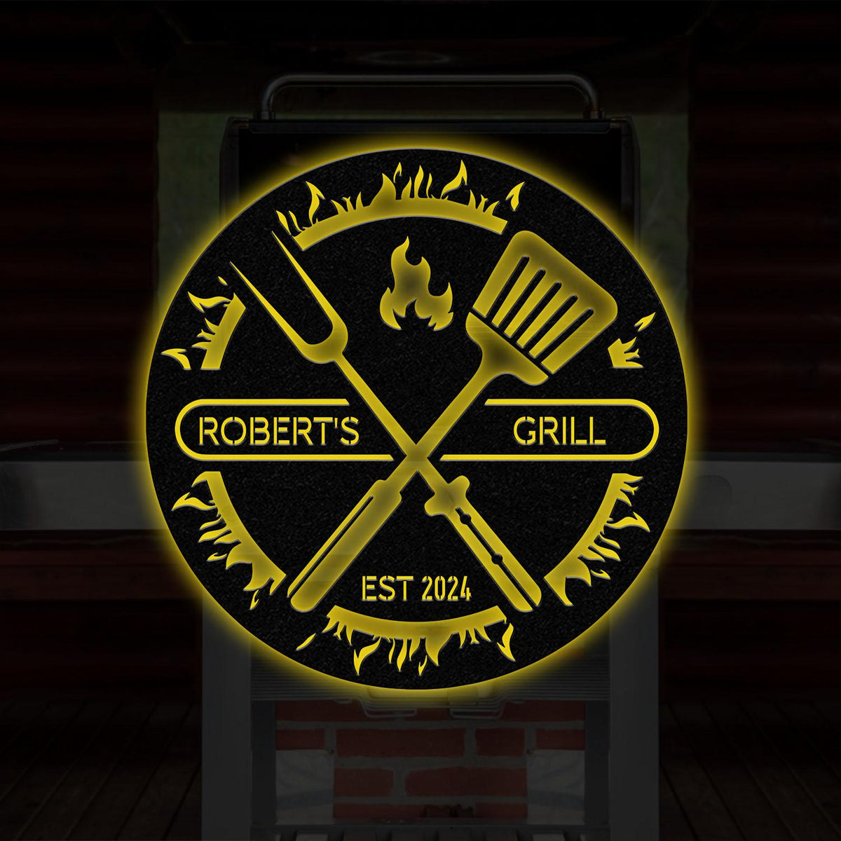 Custom BBQ Sign with Led Light, Personalized Metal Wall Decor, Round Metal Sign, Outdoor Kitchen Wall Art, Backyard Barbeque Sign