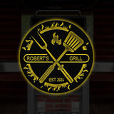 Custom BBQ Sign with Led Light, Personalized Metal Wall Decor, Round Metal Sign, Outdoor Kitchen Wall Art, Backyard Barbeque Sign