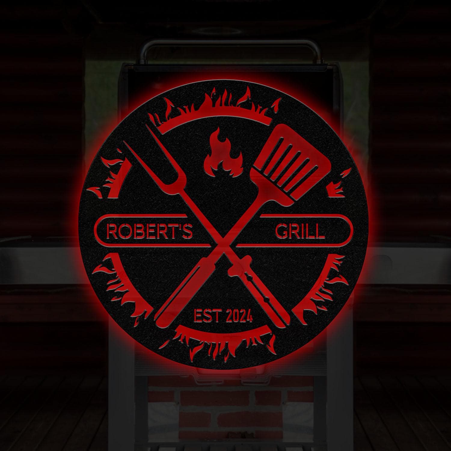 Custom BBQ Sign with Led Light, Personalized Metal Wall Decor, Round Metal Sign, Outdoor Kitchen Wall Art, Backyard Barbeque Sign